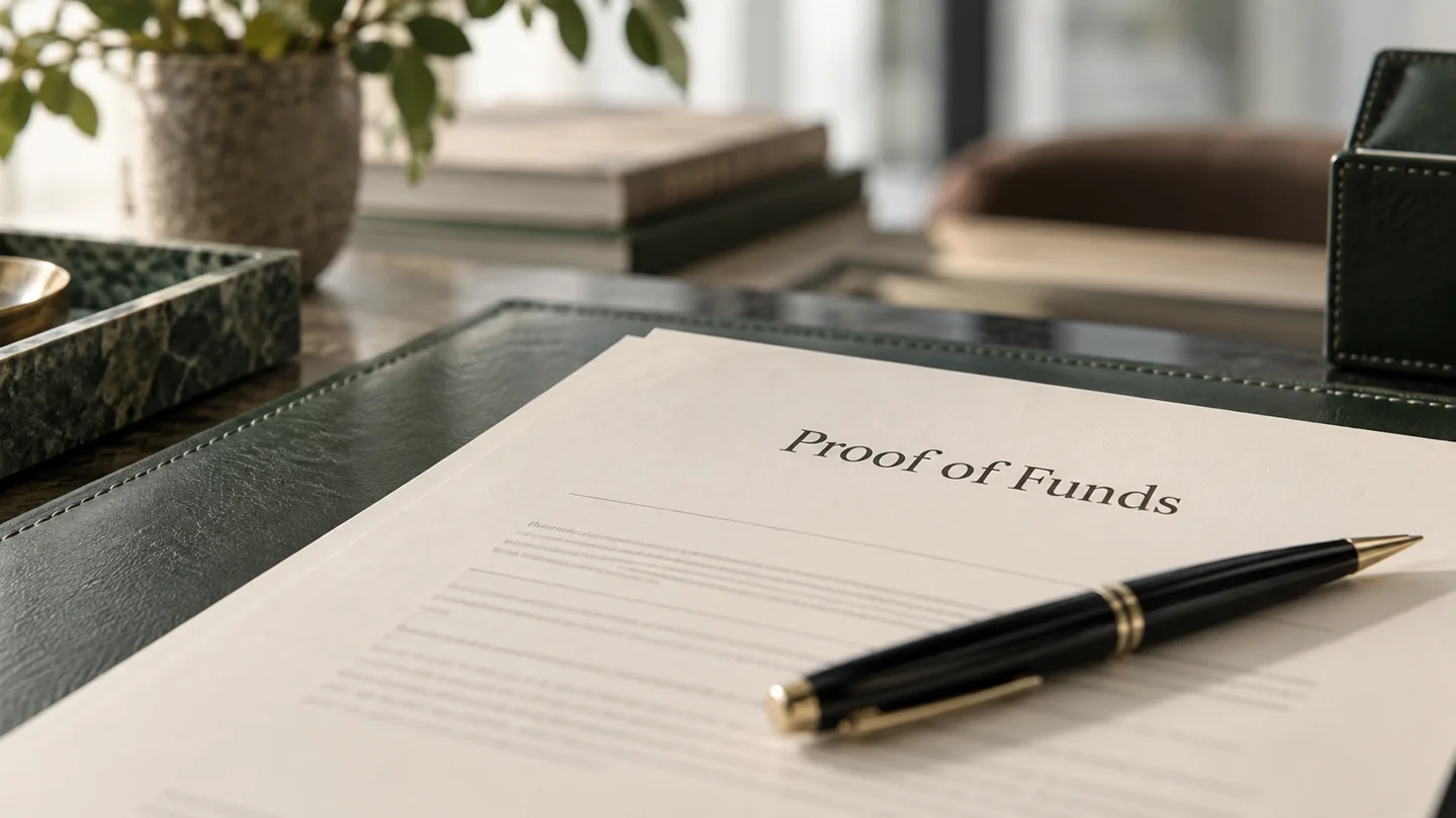 Illustrative proof of funds document and pen