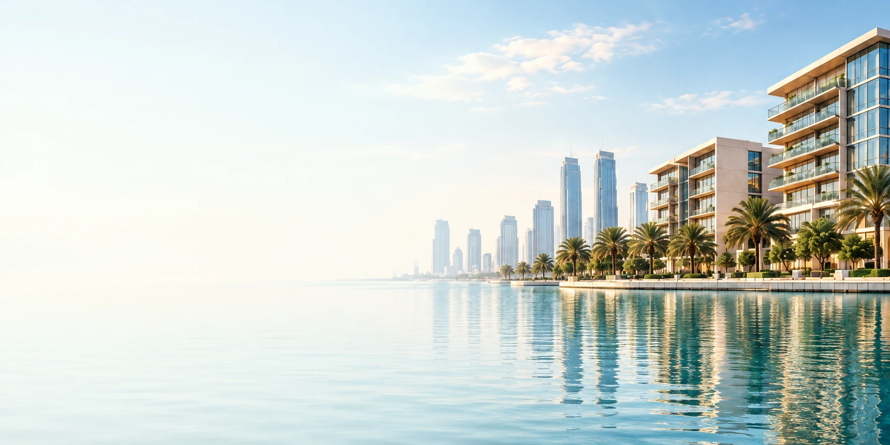 Contemporary waterfront buildings and an international city skyline