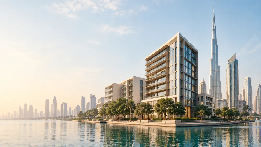 Contemporary waterfront buildings and an international city skyline