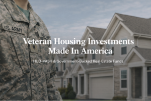 U.S. Army veteran standing in uniform beside modern residential housing, representing HUD-VASH government-backed real estate supporting stable housing for U.S. veterans.
