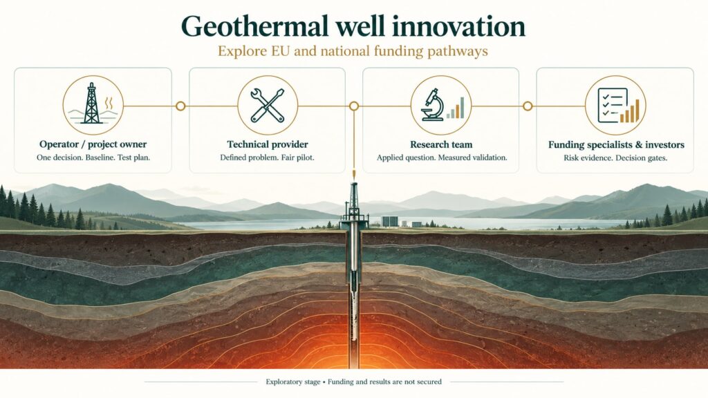 Four participant groups in a geothermal well technology validation project: operator, technical provider, research team, and funding specialists and investors