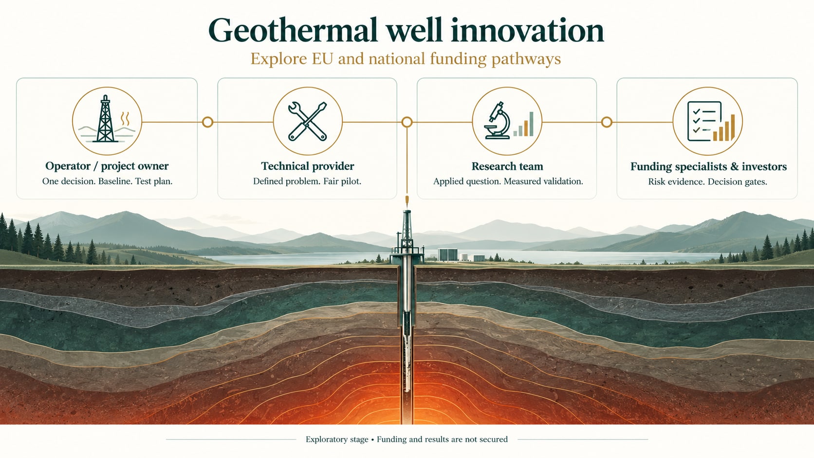 Four participant groups in a geothermal well technology validation project: operator, technical provider, research team, and funding specialists and investors
