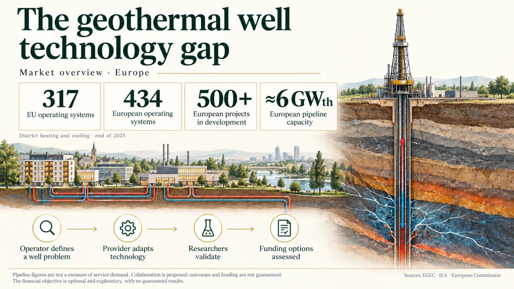 European geothermal district heating statistics and proposed collaboration from operator-defined well problem through technical validation and funding assessment